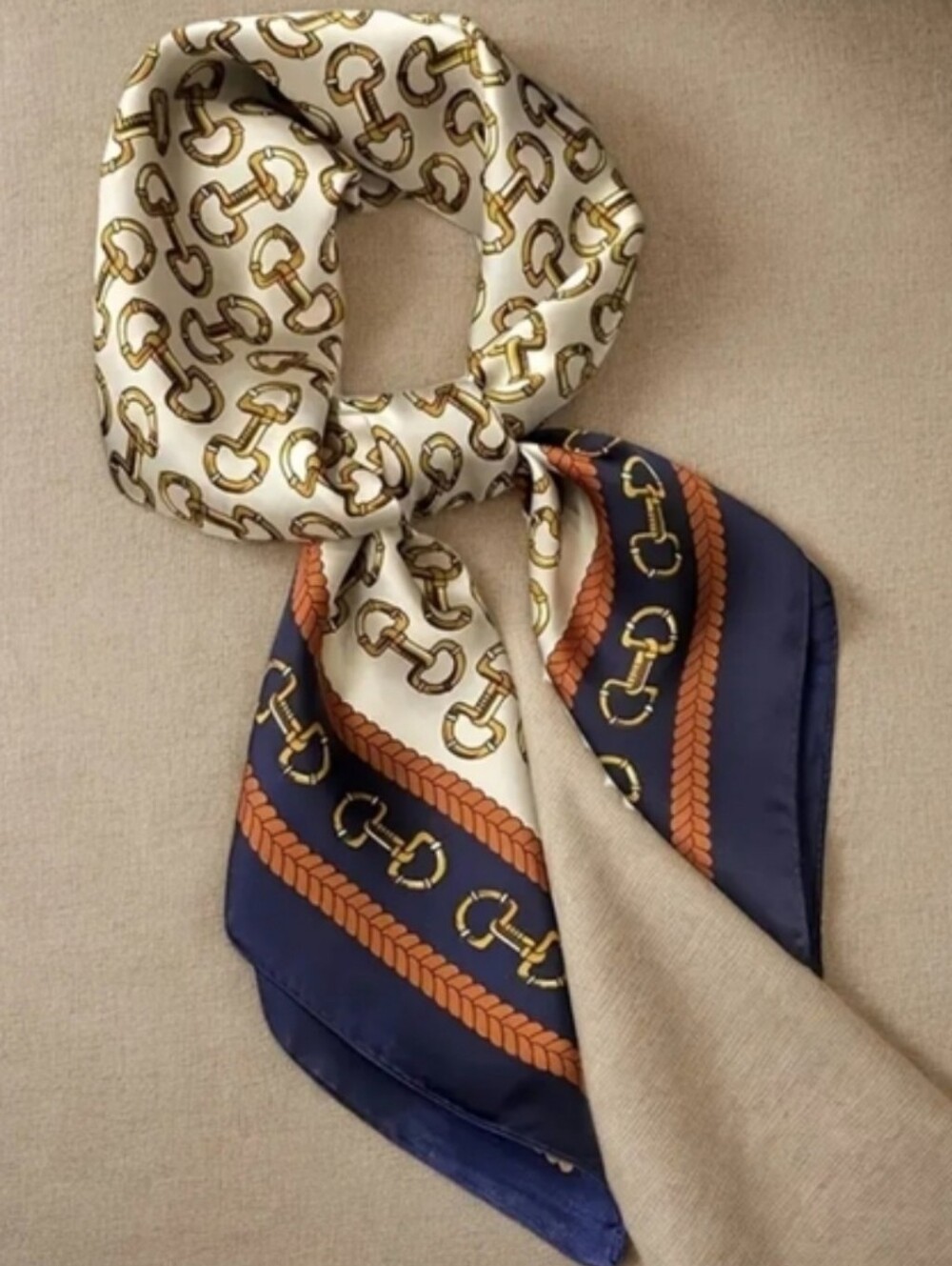 Horsebit Design scarf. 27.5 in square Silky soft w/ Gucci Vibes. Navy Blue - Picture 3 of 4